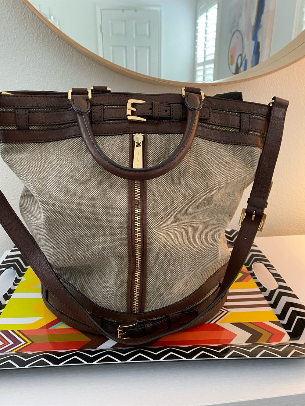 Authentic Michael Kors Bucket Bag with Dark Brown Leather Trim and Gold Hardware
